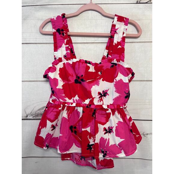 Mi Ami Tops - Mi Ami Cotton Pink White Floral Tie Back Ruffle Tank Top Size Large Feminine